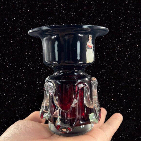 Polish Art Glass Red W Clear Swirls Vase Single Candle Holder From Poland VTG - Picture 2 of 11